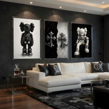Chrome Hearts Hypebeast Wall Art Poster Set of 3, Black Silver Gothic Cross Art, Horseshoe Print, Fleur De Lis Luxury Y2K Room Decor