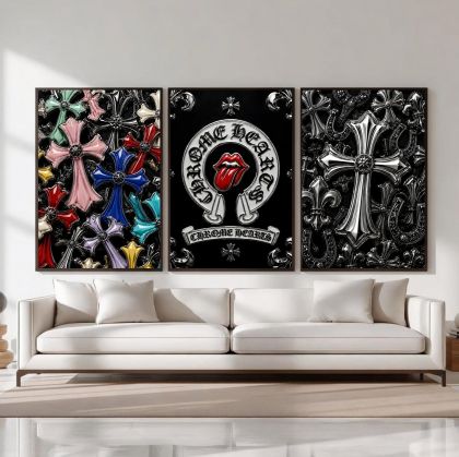 Chrome Hearts Hypebeast Wall Art Poster Set of 3, Black Silver Gothic Cross Art, Horseshoe Print, Fleur De Lis Luxury Y2K Room Decor
