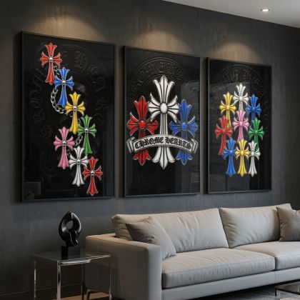 Chrome Hearts Hypebeast Wall Art Poster Set of 3, Black Silver Gothic Cross Art, Horseshoe Print, Fleur De Lis Luxury Y2K Room Decor