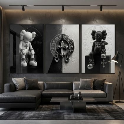 Chrome Hearts Hypebeast Wall Art Poster Set of 3, Black Silver Gothic Cross Art, Horseshoe Print, Fleur De Lis Luxury Y2K Room Decor