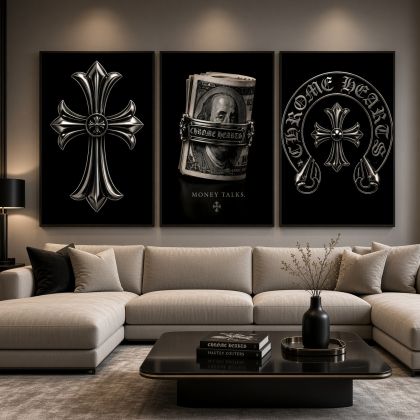 Chrome Hearts Hypebeast Wall Art Poster Set of 3, Black Silver Gothic Cross Art, Horseshoe Print, Fleur De Lis Luxury Y2K Room Decor