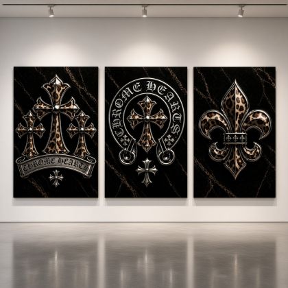Chrome Hearts Hypebeast Wall Art Poster Set of 3, Black Silver Gothic Cross Art, Horseshoe Print, Fleur De Lis Luxury Y2K Room Decor