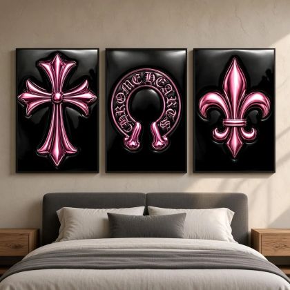 Chrome Hearts Hypebeast Wall Art Poster Set of 3, Black Silver Gothic Cross Art, Horseshoe Print, Fleur De Lis Luxury Y2K Room Decor