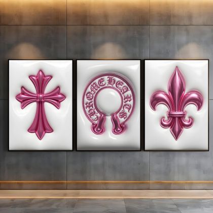 Chrome Hearts Hypebeast Wall Art Poster Set of 3, Black Silver Gothic Cross Art, Horseshoe Print, Fleur De Lis Luxury Y2K Room Decor