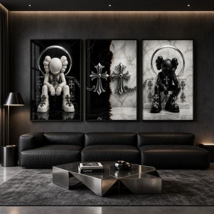 Chrome Hearts Hypebeast Wall Art Poster Set of 3, Black Silver Gothic Cross Art, Horseshoe Print, Fleur De Lis Luxury Y2K Room Decor