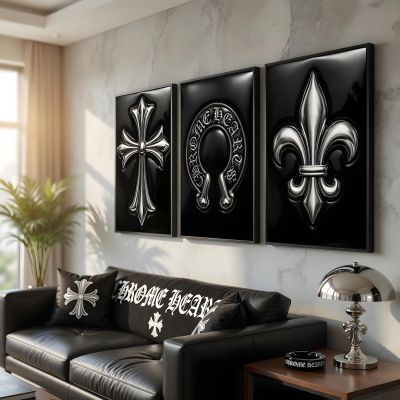 Chrome Hearts Hypebeast Wall Art Poster Set of 3, Black Silver Gothic Cross Art, Horseshoe Print, Fleur De Lis Luxury Y2K Room Decor
