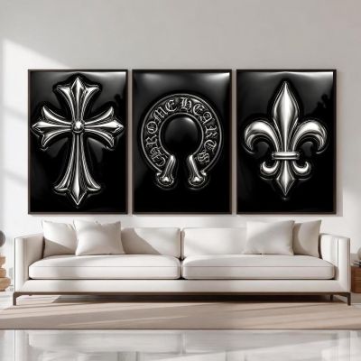 Chrome Hearts Hypebeast Wall Art Poster Set of 3, Black Silver Gothic Cross Art, Horseshoe Print, Fleur De Lis Luxury Y2K Room Decor