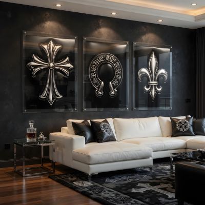 Chrome Hearts Hypebeast Wall Art Poster Set of 3, Black Silver Gothic Cross Art, Horseshoe Print, Fleur De Lis Luxury Y2K Room Decor