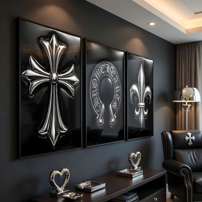 Chrome Hearts Hypebeast Wall Art Poster Set of 3, Black Silver Gothic Cross Art, Horseshoe Print, Fleur De Lis Luxury Y2K Room Decor