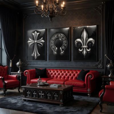 Chrome Hearts Hypebeast Wall Art Poster Set of 3, Black Silver Gothic Cross Art, Horseshoe Print, Fleur De Lis Luxury Y2K Room Decor