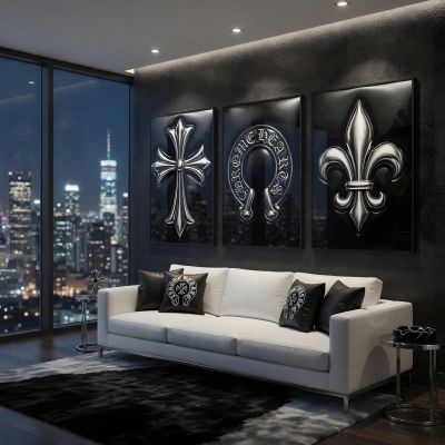 Chrome Hearts Hypebeast Wall Art Poster Set of 3, Black Silver Gothic Cross Art, Horseshoe Print, Fleur De Lis Luxury Y2K Room Decor
