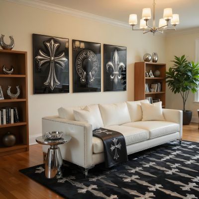 Chrome Hearts Hypebeast Wall Art Poster Set of 3, Black Silver Gothic Cross Art, Horseshoe Print, Fleur De Lis Luxury Y2K Room Decor