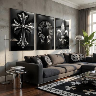 Chrome Hearts Hypebeast Wall Art Poster Set of 3, Black Silver Gothic Cross Art, Horseshoe Print, Fleur De Lis Luxury Y2K Room Decor