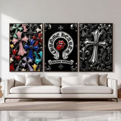 Chrome Hearts Hypebeast Wall Art Poster Set of 3, Black Silver Gothic Cross Art, Horseshoe Print, Fleur De Lis Luxury Y2K Room Decor