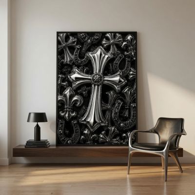 Chrome Hearts Hypebeast Wall Art Poster Set of 3, Black Silver Gothic Cross Art, Horseshoe Print, Fleur De Lis Luxury Y2K Room Decor