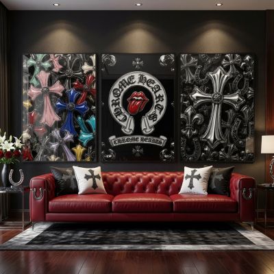Chrome Hearts Hypebeast Wall Art Poster Set of 3, Black Silver Gothic Cross Art, Horseshoe Print, Fleur De Lis Luxury Y2K Room Decor