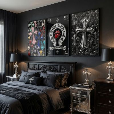 Chrome Hearts Hypebeast Wall Art Poster Set of 3, Black Silver Gothic Cross Art, Horseshoe Print, Fleur De Lis Luxury Y2K Room Decor