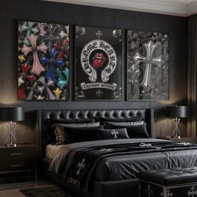 Chrome Hearts Hypebeast Wall Art Poster Set of 3, Black Silver Gothic Cross Art, Horseshoe Print, Fleur De Lis Luxury Y2K Room Decor