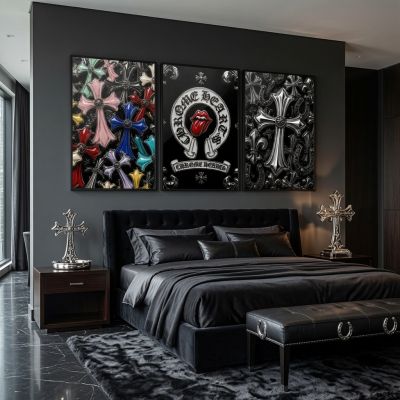Chrome Hearts Hypebeast Wall Art Poster Set of 3, Black Silver Gothic Cross Art, Horseshoe Print, Fleur De Lis Luxury Y2K Room Decor