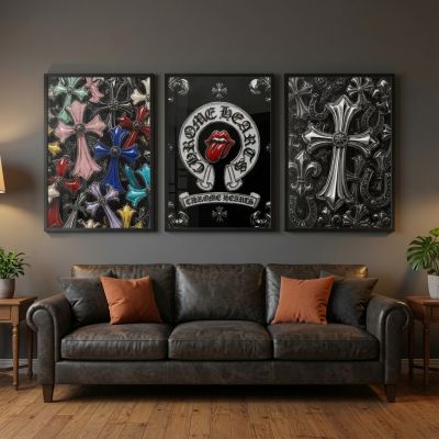 Chrome Hearts Hypebeast Wall Art Poster Set of 3, Black Silver Gothic Cross Art, Horseshoe Print, Fleur De Lis Luxury Y2K Room Decor