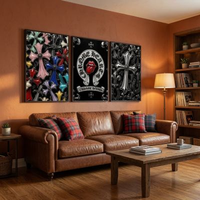 Chrome Hearts Hypebeast Wall Art Poster Set of 3, Black Silver Gothic Cross Art, Horseshoe Print, Fleur De Lis Luxury Y2K Room Decor