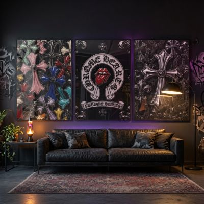 Chrome Hearts Hypebeast Wall Art Poster Set of 3, Black Silver Gothic Cross Art, Horseshoe Print, Fleur De Lis Luxury Y2K Room Decor