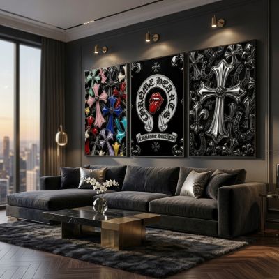 Chrome Hearts Hypebeast Wall Art Poster Set of 3, Black Silver Gothic Cross Art, Horseshoe Print, Fleur De Lis Luxury Y2K Room Decor