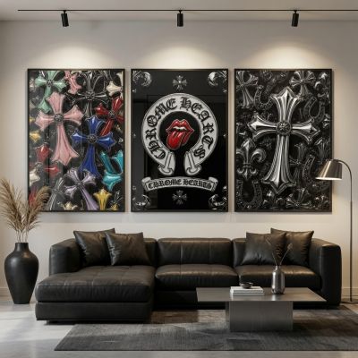 Chrome Hearts Hypebeast Wall Art Poster Set of 3, Black Silver Gothic Cross Art, Horseshoe Print, Fleur De Lis Luxury Y2K Room Decor