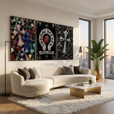 Chrome Hearts Hypebeast Wall Art Poster Set of 3, Black Silver Gothic Cross Art, Horseshoe Print, Fleur De Lis Luxury Y2K Room Decor