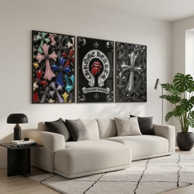 Chrome Hearts Hypebeast Wall Art Poster Set of 3, Black Silver Gothic Cross Art, Horseshoe Print, Fleur De Lis Luxury Y2K Room Decor