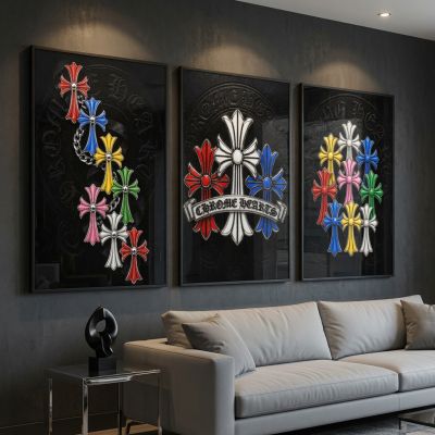 Chrome Hearts Hypebeast Wall Art Poster Set of 3, Black Silver Gothic Cross Art, Horseshoe Print, Fleur De Lis Luxury Y2K Room Decor