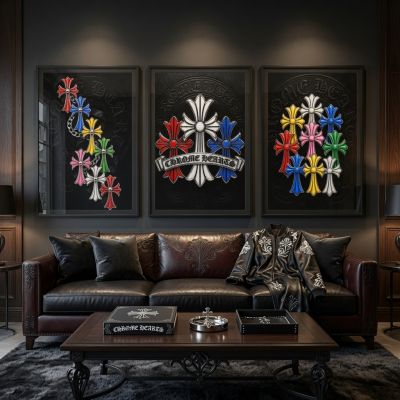 Chrome Hearts Hypebeast Wall Art Poster Set of 3, Black Silver Gothic Cross Art, Horseshoe Print, Fleur De Lis Luxury Y2K Room Decor