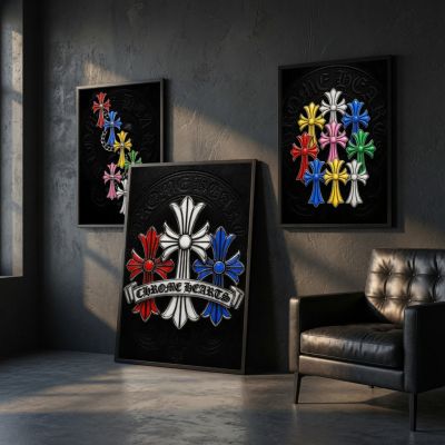 Chrome Hearts Hypebeast Wall Art Poster Set of 3, Black Silver Gothic Cross Art, Horseshoe Print, Fleur De Lis Luxury Y2K Room Decor