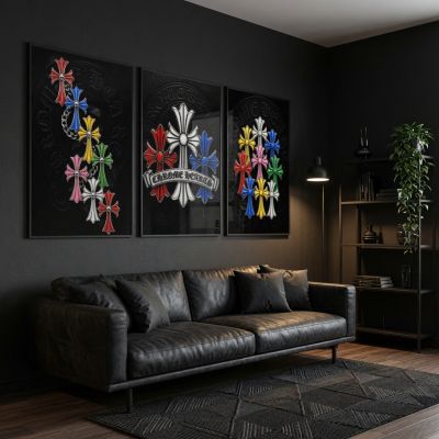 Chrome Hearts Hypebeast Wall Art Poster Set of 3, Black Silver Gothic Cross Art, Horseshoe Print, Fleur De Lis Luxury Y2K Room Decor