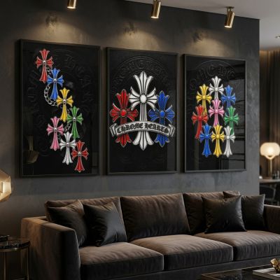 Chrome Hearts Hypebeast Wall Art Poster Set of 3, Black Silver Gothic Cross Art, Horseshoe Print, Fleur De Lis Luxury Y2K Room Decor