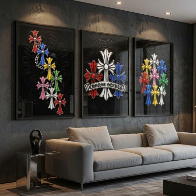 Chrome Hearts Hypebeast Wall Art Poster Set of 3, Black Silver Gothic Cross Art, Horseshoe Print, Fleur De Lis Luxury Y2K Room Decor