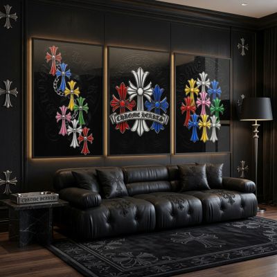 Chrome Hearts Hypebeast Wall Art Poster Set of 3, Black Silver Gothic Cross Art, Horseshoe Print, Fleur De Lis Luxury Y2K Room Decor