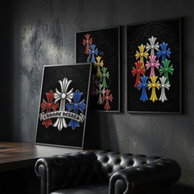Chrome Hearts Hypebeast Wall Art Poster Set of 3, Black Silver Gothic Cross Art, Horseshoe Print, Fleur De Lis Luxury Y2K Room Decor