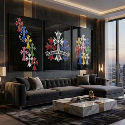 Chrome Hearts Hypebeast Wall Art Poster Set of 3, Black Silver Gothic Cross Art, Horseshoe Print, Fleur De Lis Luxury Y2K Room Decor