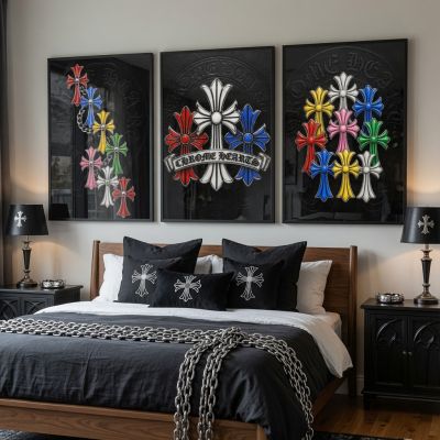Chrome Hearts Hypebeast Wall Art Poster Set of 3, Black Silver Gothic Cross Art, Horseshoe Print, Fleur De Lis Luxury Y2K Room Decor