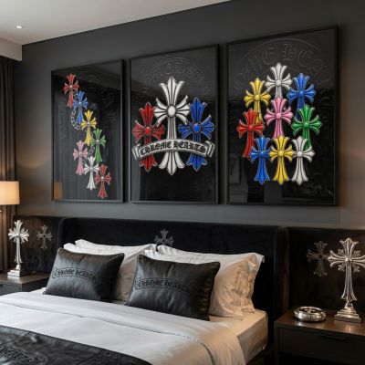 Chrome Hearts Hypebeast Wall Art Poster Set of 3, Black Silver Gothic Cross Art, Horseshoe Print, Fleur De Lis Luxury Y2K Room Decor