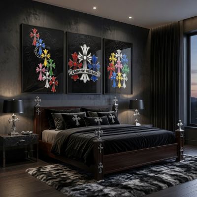 Chrome Hearts Hypebeast Wall Art Poster Set of 3, Black Silver Gothic Cross Art, Horseshoe Print, Fleur De Lis Luxury Y2K Room Decor