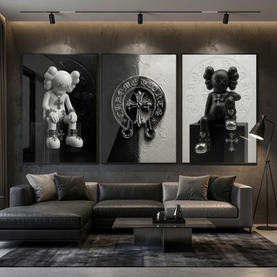 Chrome Hearts Hypebeast Wall Art Poster Set of 3, Black Silver Gothic Cross Art, Horseshoe Print, Fleur De Lis Luxury Y2K Room Decor