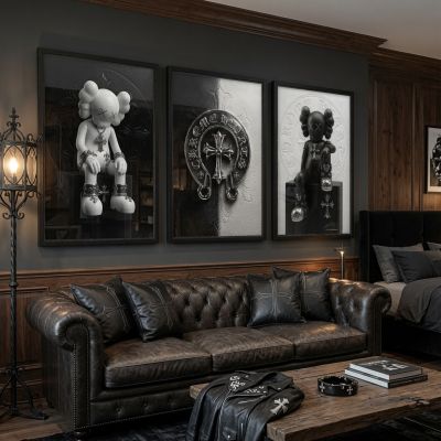 Chrome Hearts Hypebeast Wall Art Poster Set of 3, Black Silver Gothic Cross Art, Horseshoe Print, Fleur De Lis Luxury Y2K Room Decor