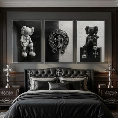 Chrome Hearts Hypebeast Wall Art Poster Set of 3, Black Silver Gothic Cross Art, Horseshoe Print, Fleur De Lis Luxury Y2K Room Decor