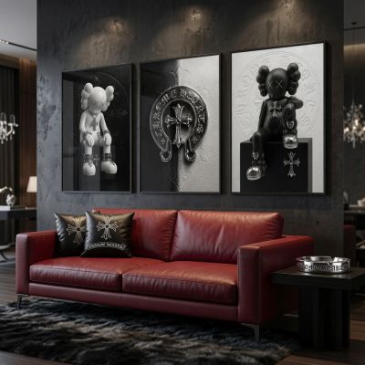 Chrome Hearts Hypebeast Wall Art Poster Set of 3, Black Silver Gothic Cross Art, Horseshoe Print, Fleur De Lis Luxury Y2K Room Decor