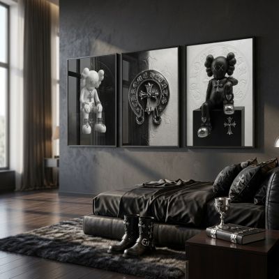 Chrome Hearts Hypebeast Wall Art Poster Set of 3, Black Silver Gothic Cross Art, Horseshoe Print, Fleur De Lis Luxury Y2K Room Decor