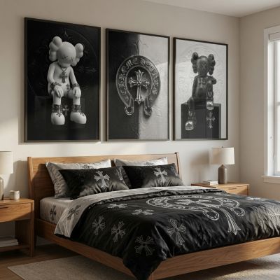 Chrome Hearts Hypebeast Wall Art Poster Set of 3, Black Silver Gothic Cross Art, Horseshoe Print, Fleur De Lis Luxury Y2K Room Decor