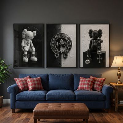 Chrome Hearts Hypebeast Wall Art Poster Set of 3, Black Silver Gothic Cross Art, Horseshoe Print, Fleur De Lis Luxury Y2K Room Decor
