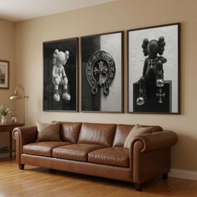 Chrome Hearts Hypebeast Wall Art Poster Set of 3, Black Silver Gothic Cross Art, Horseshoe Print, Fleur De Lis Luxury Y2K Room Decor